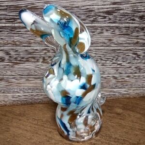 Hand Blown Glass Bunny Figurine Blue White Brown Swirl Collectible‎